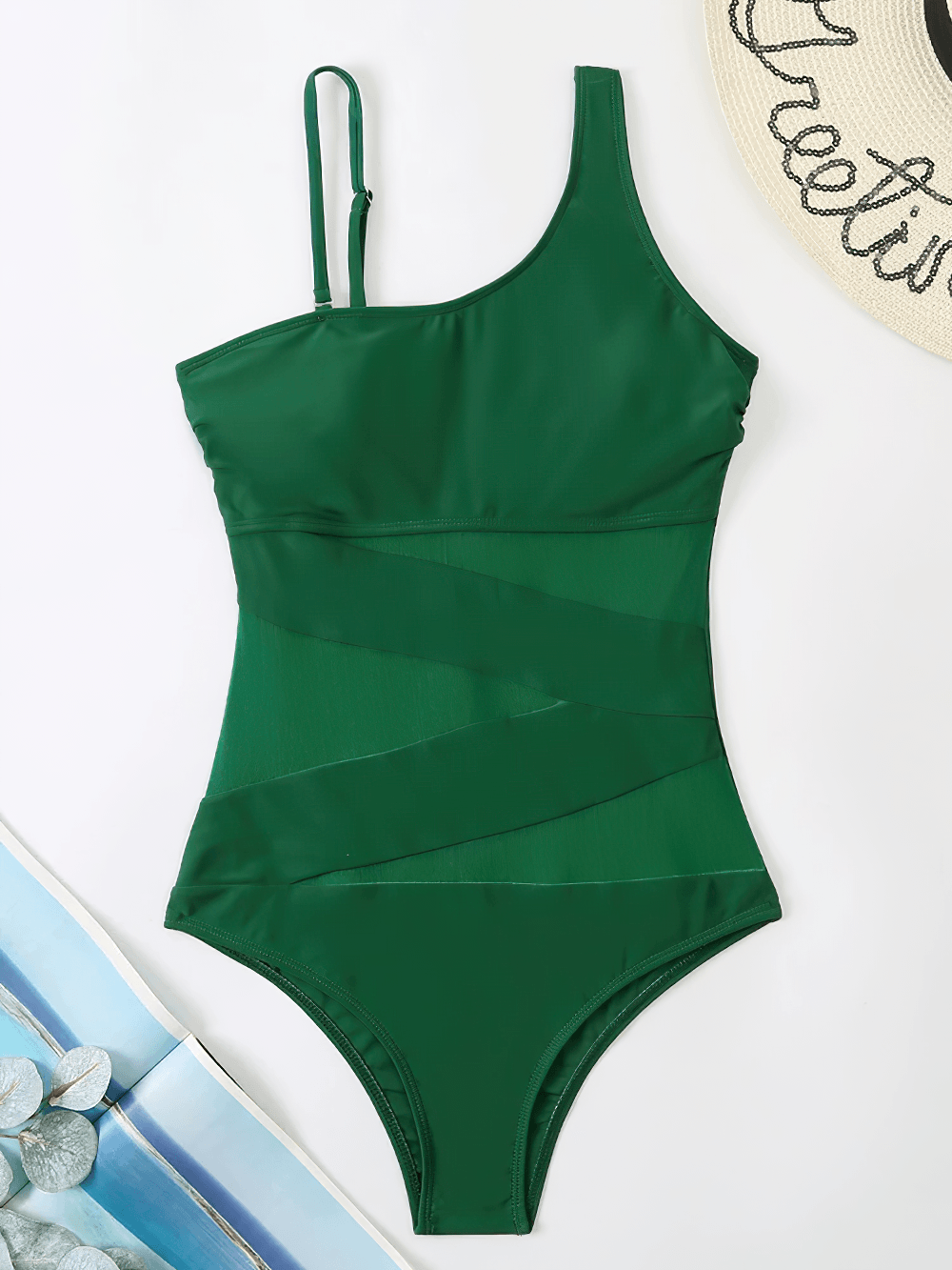 One Shoulder Mesh Panel Monokini Swimsuit - SF4644 in green with sheer mesh panels for a chic beach look.