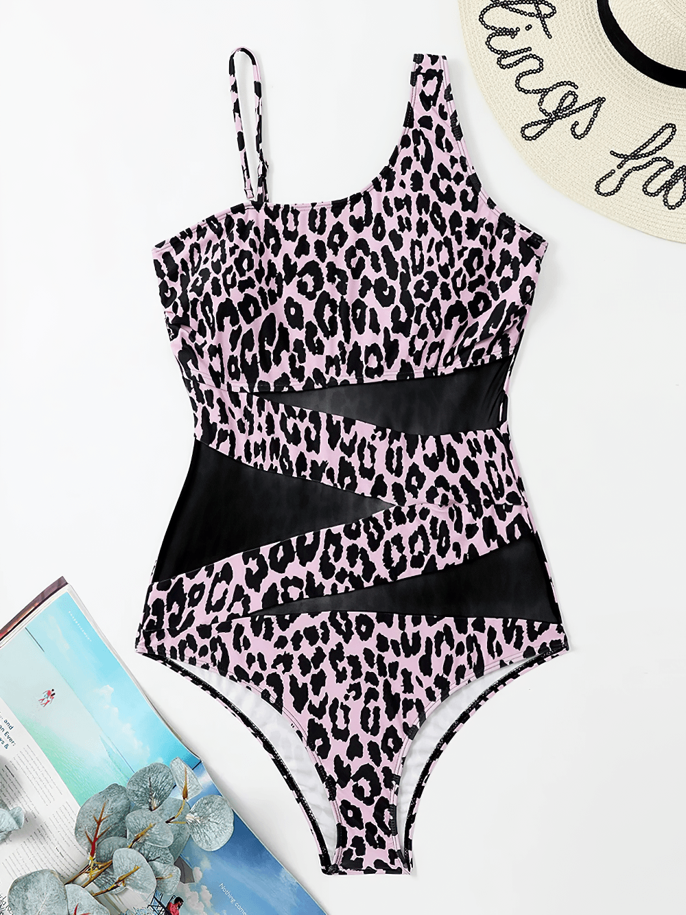 One Shoulder Mesh Panel Monokini Swimsuit - SF4644 in pink leopard print with black mesh panels.