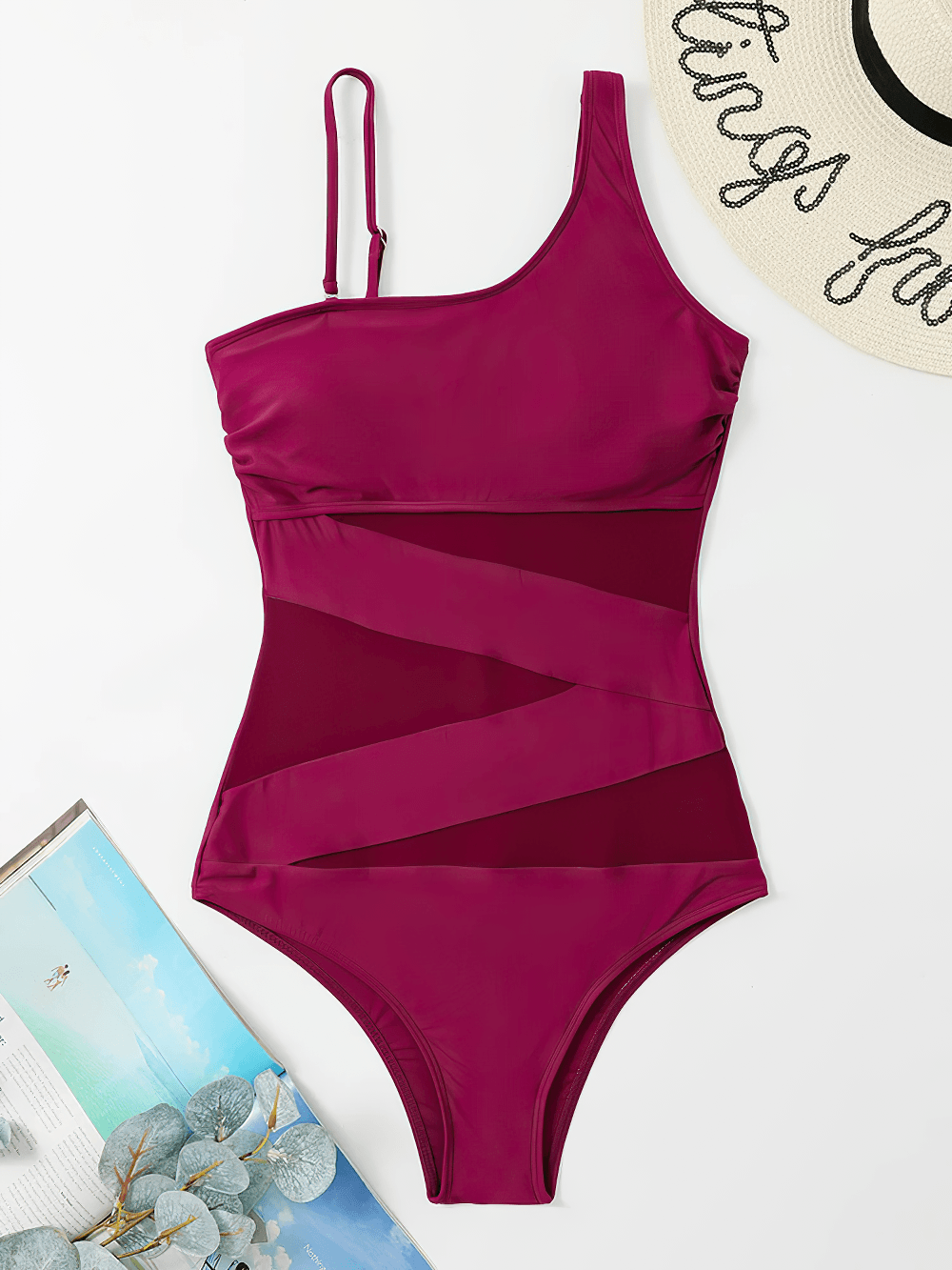 One Shoulder Mesh Panel Monokini Swimsuit - SF4644 in vibrant purple with sheer mesh detail for a chic beach look.