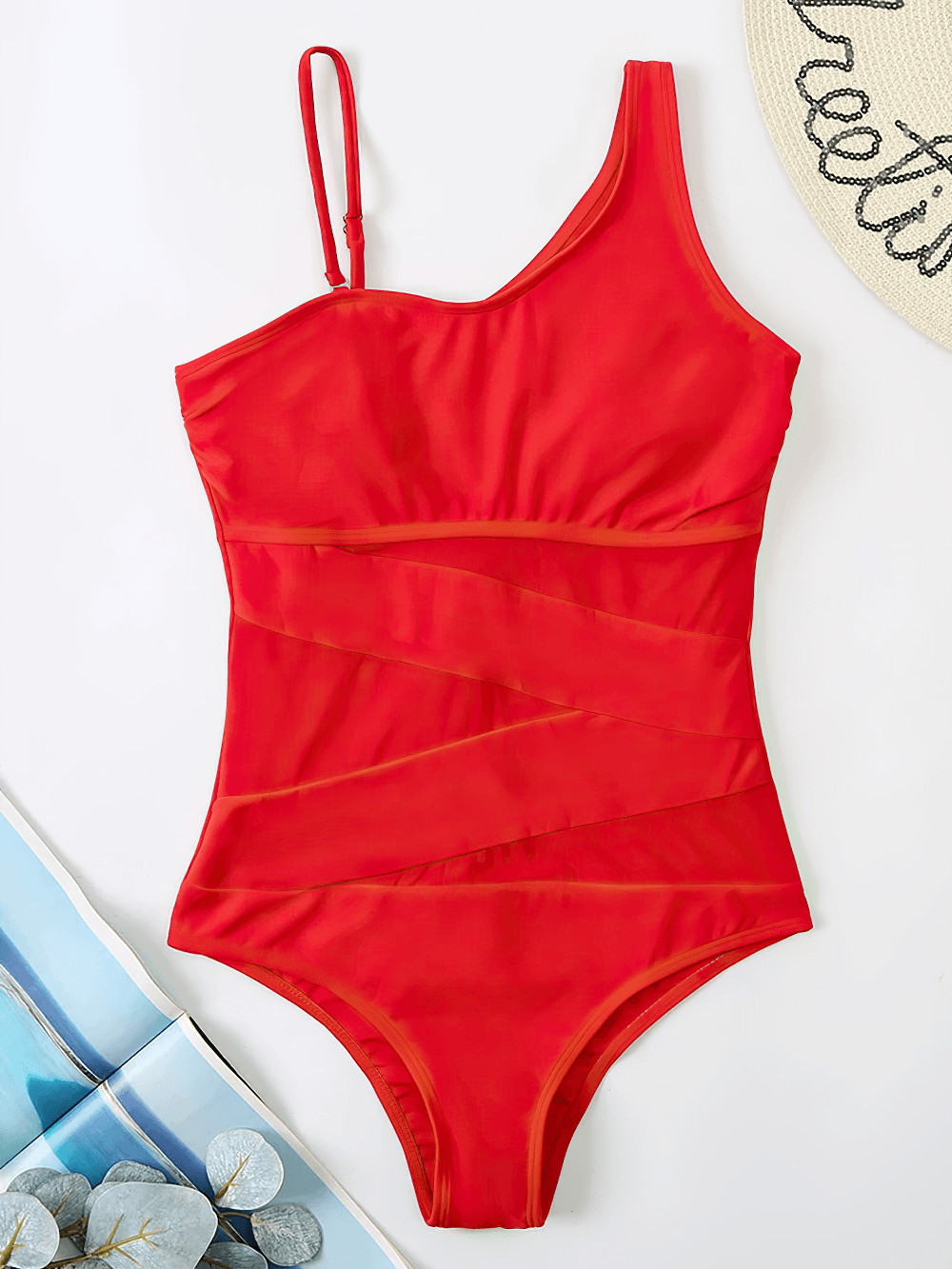 One Shoulder Mesh Panel Monokini Swimsuit - SF4644 in red featuring sleek mesh panels and adjustable strap.
