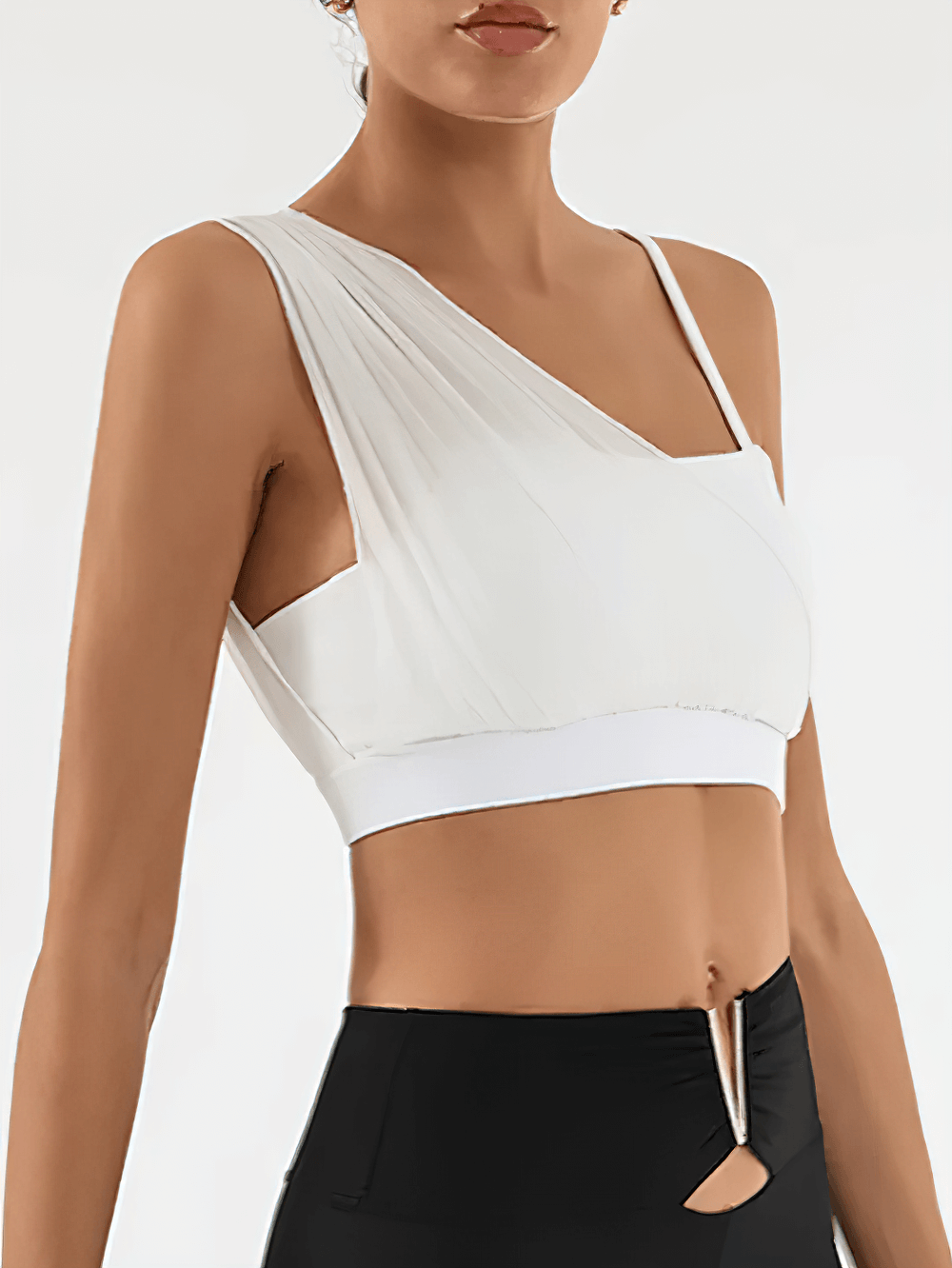 Model wearing the stylish One-Shoulder Mesh Sports Bra with Supportive Band - SF4039, perfect for yoga and fitness.