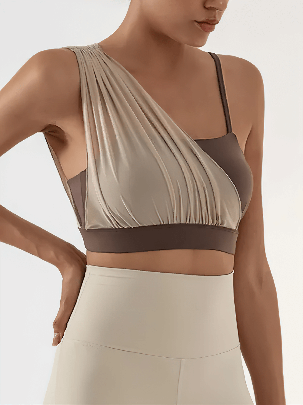 One-Shoulder Mesh Sports Bra with Supportive Band - SF4039 in beige and brown, featuring asymmetrical design and breathable mesh panel.