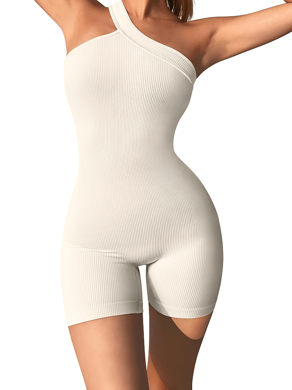 Alt Tag: One Shoulder Ribbed Yoga Romper Fitness Suit - SF4300 seamless ribbed tummy control one-piece sport jumpsuit