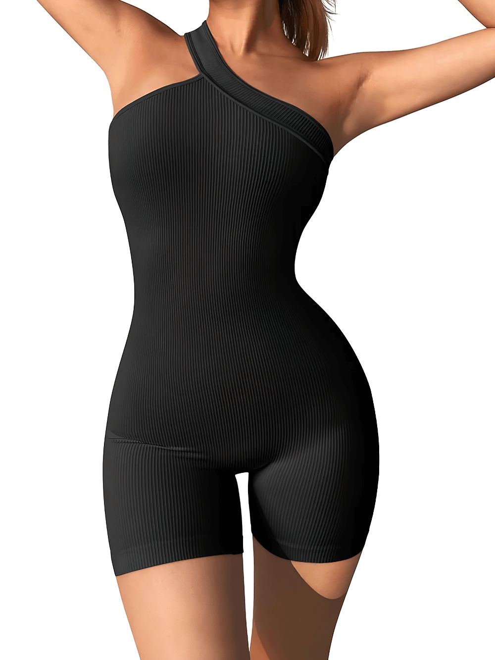 Alt Tag: One Shoulder Ribbed Yoga Romper Fitness Suit - SF4300 black seamless ribbed one-piece jumpsuit with tummy control