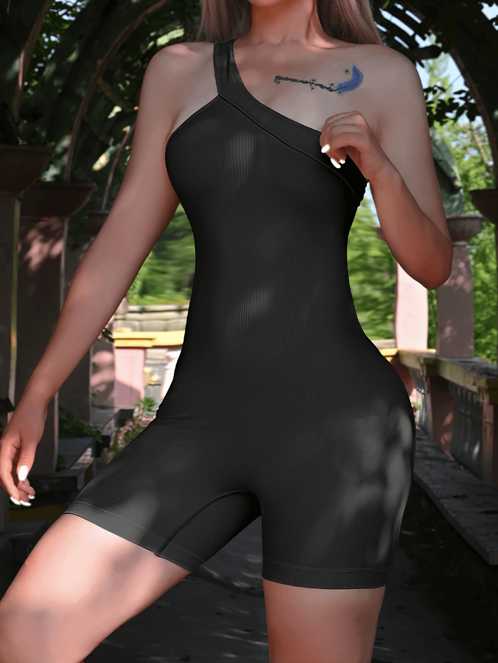 Alt Tag: One Shoulder Ribbed Yoga Romper Fitness Suit - SF4300 black seamless ribbed one-piece jumpsuit with tummy control, sporty chic fit