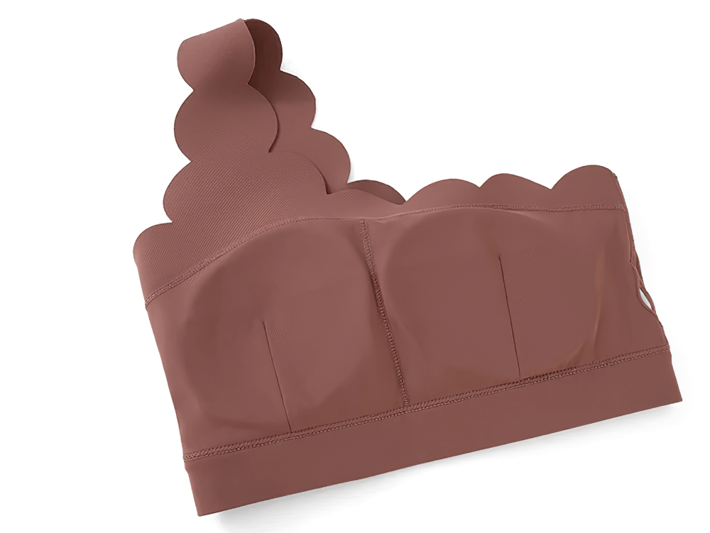 One-Shoulder Scallop Seamless Yoga Sports Bra - SF4012 with scalloped neckline in brown, perfect for yoga and athleisure.