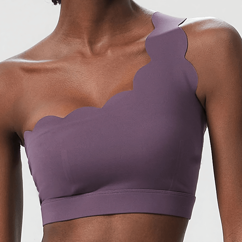 One-Shoulder Scallop Seamless Yoga Sports Bra - SF4012 in purple with a scalloped neckline, perfect for yoga and athleisure.
