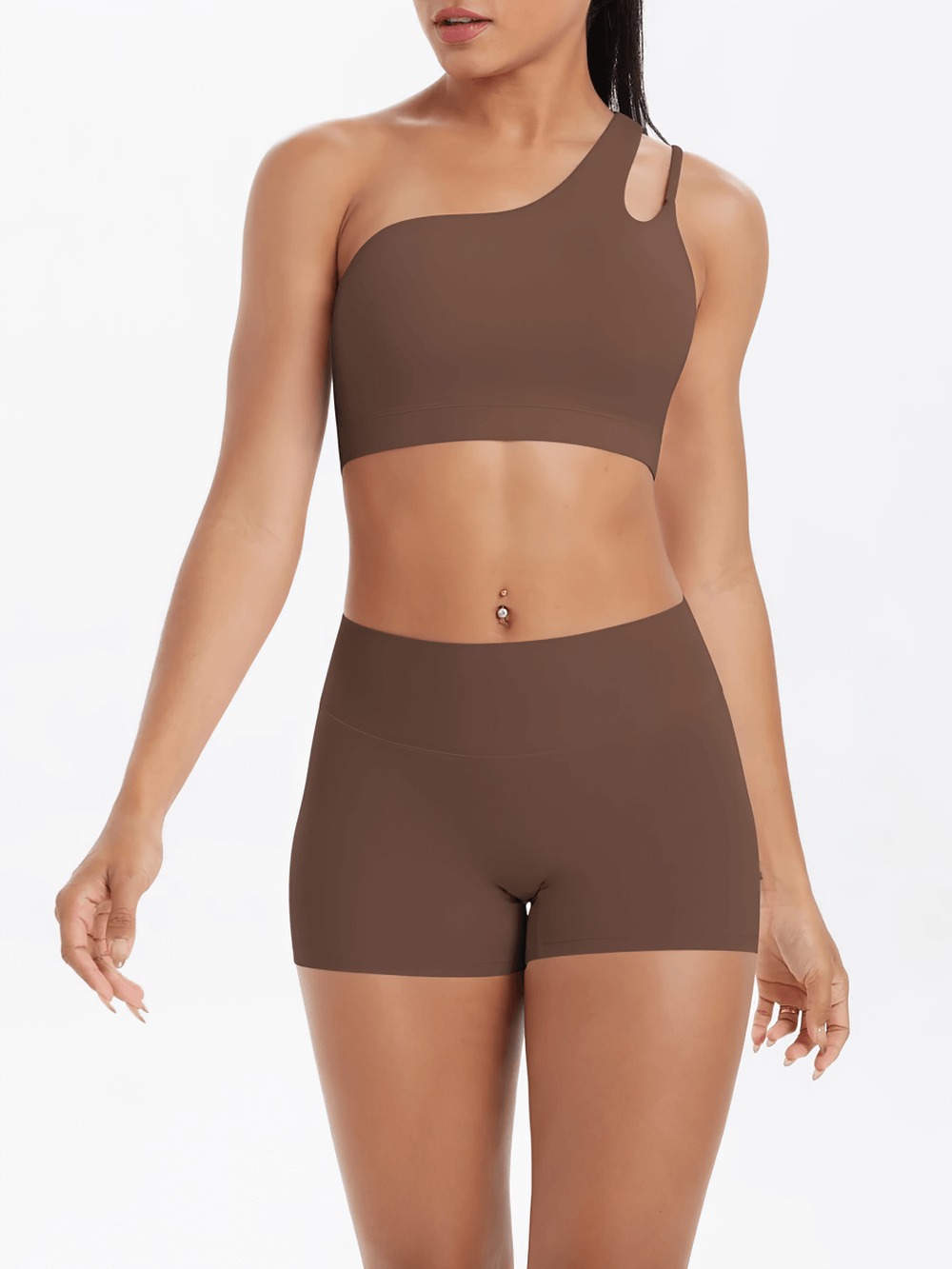Alt Tag: One Shoulder Sports Bra and High Waist Yoga Shorts - SF4337 brown set on model, sleek one-shoulder gym look