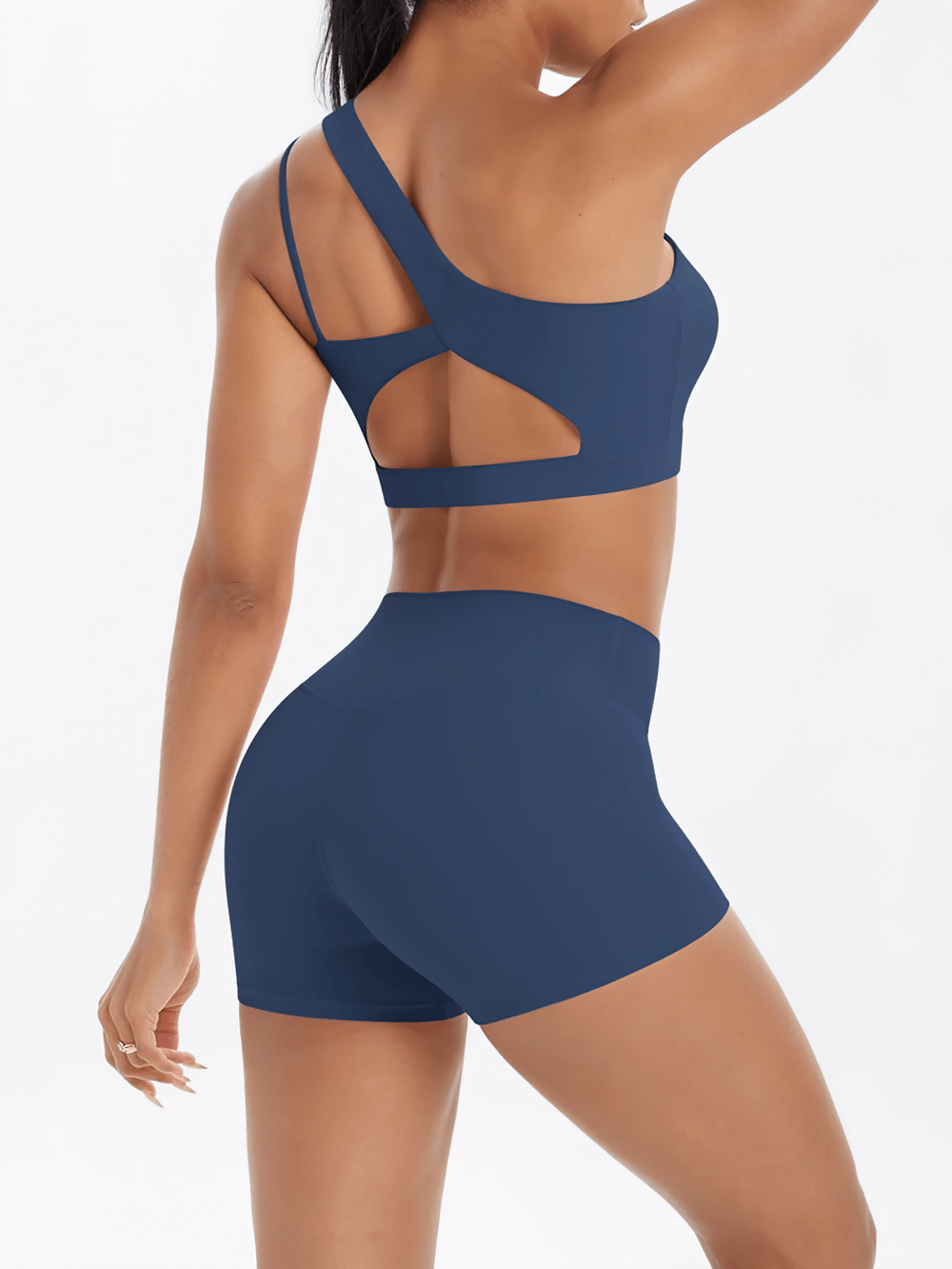 Alt Tag: One Shoulder Sports Bra and High Waist Yoga Shorts - SF4337 blue set, back view with asymmetrical strap and high-waist shorts