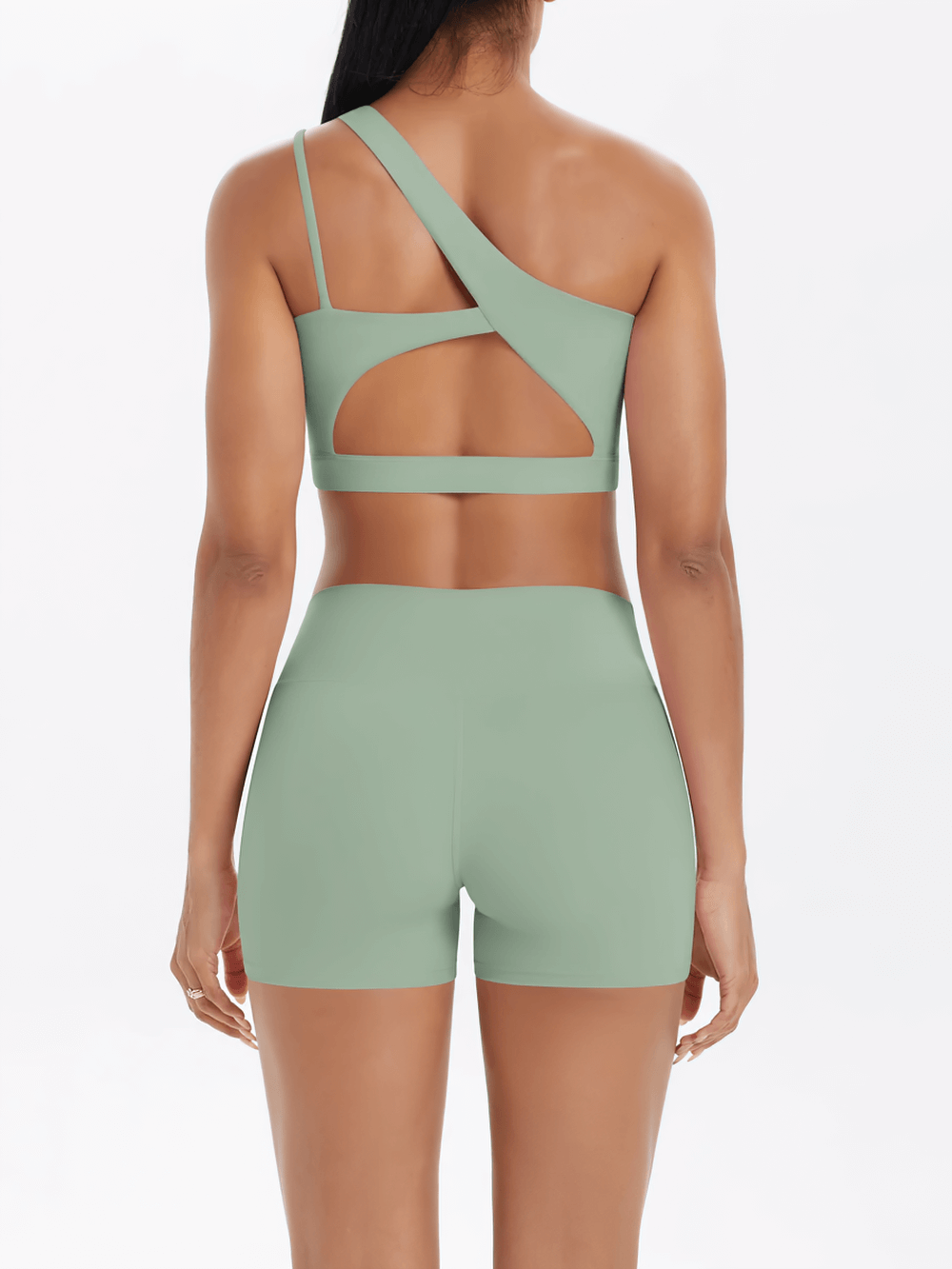Alt Tag: One Shoulder Sports Bra and High Waist Yoga Shorts - SF4337 back view, mint green one-shoulder set with cutout sports bra