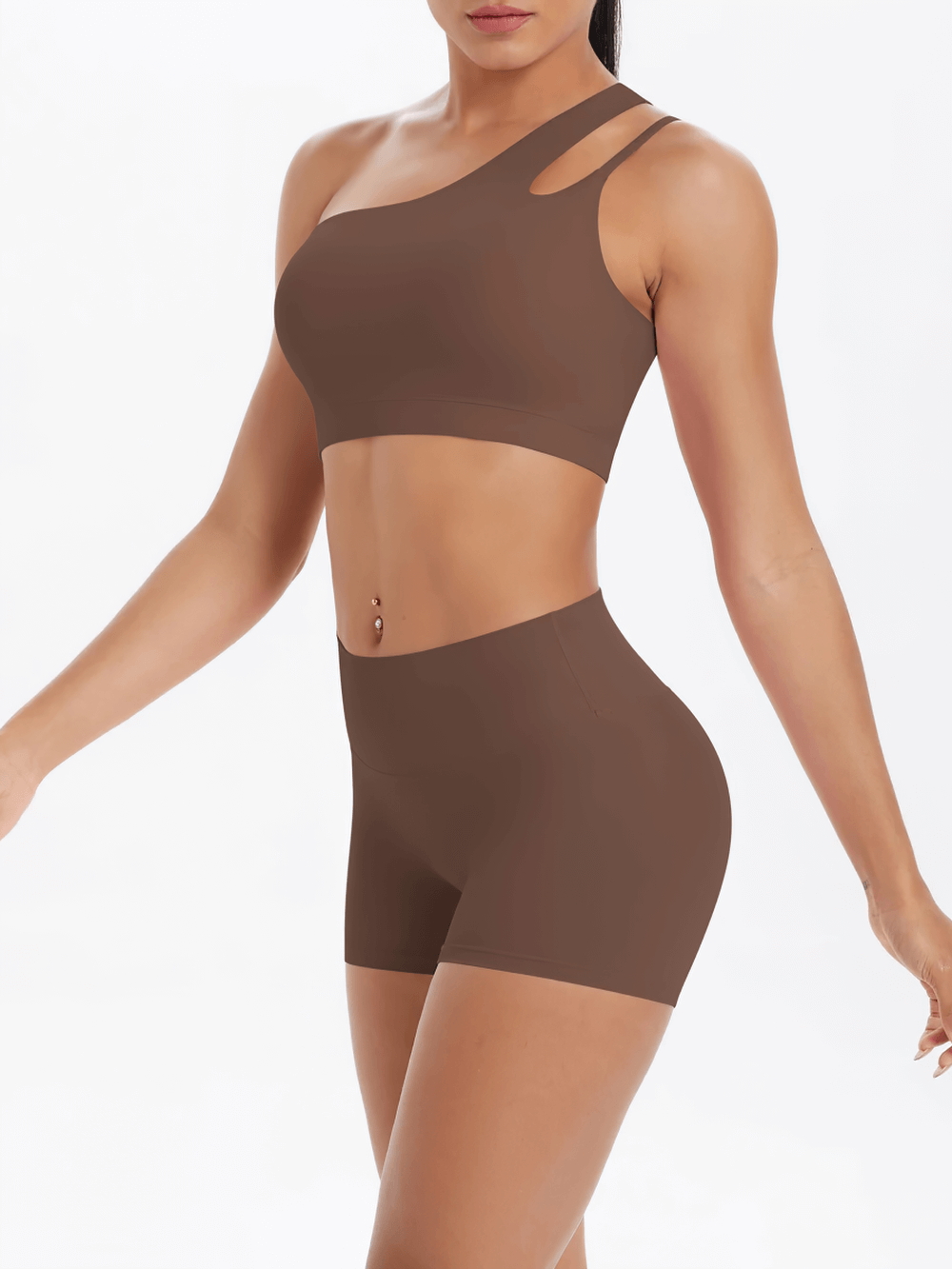 Alt Tag: One Shoulder Sports Bra and High Waist Yoga Shorts - SF4337 brown set on model, one-shoulder bra with high-waist shorts