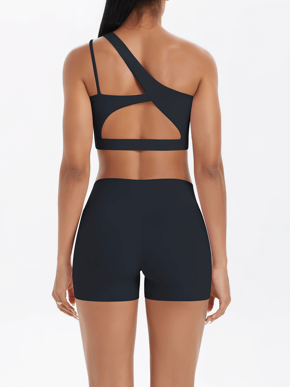 Alt Tag: One Shoulder Sports Bra and High Waist Yoga Shorts - SF4337 back view black one-shoulder sports bra with cutout and high-waist shorts