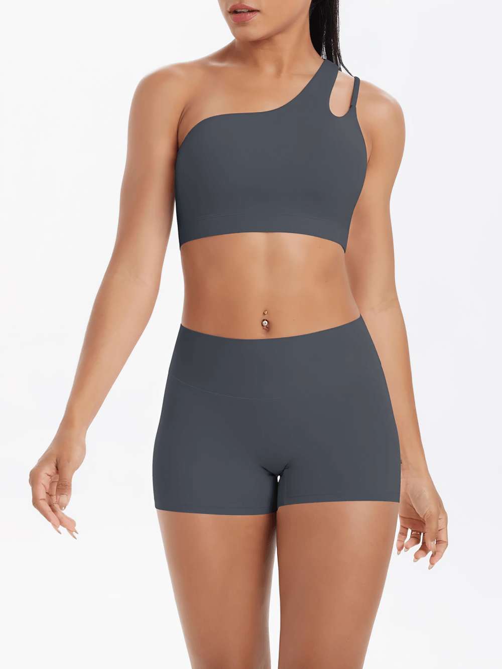 Alt Tag: One Shoulder Sports Bra and High Waist Yoga Shorts - SF4337 in slate gray, sleek one-shoulder bra with matching high-waist shorts