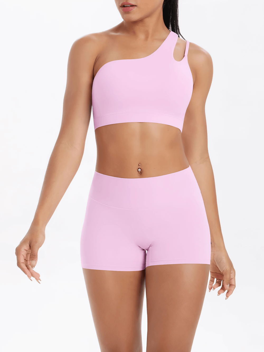 Alt Tag: One Shoulder Sports Bra and High Waist Yoga Shorts - SF4337 light pink set, one-shoulder crop top and high-waist shorts