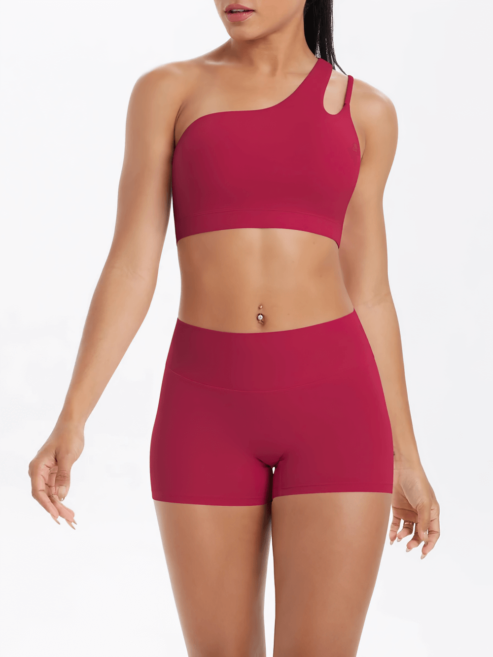 Alt Tag: One Shoulder Sports Bra and High Waist Yoga Shorts - SF4337 in red, one-shoulder sports bra and high-waist yoga shorts set