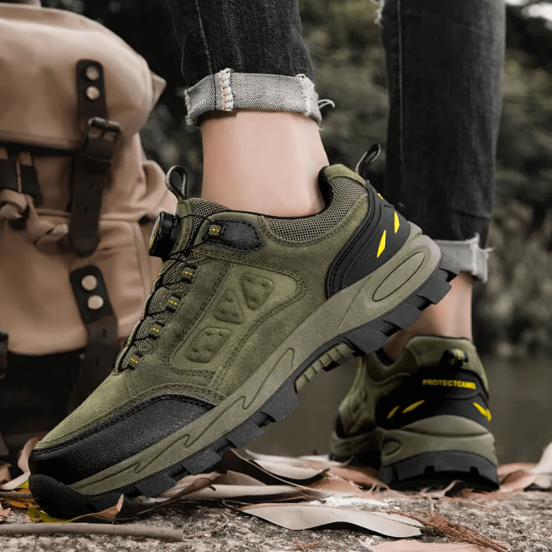 Outdoor Breathable Non-Slip Men's Trekking Shoes in action on a trail, showcasing grip and comfort for adventurous hikes.
