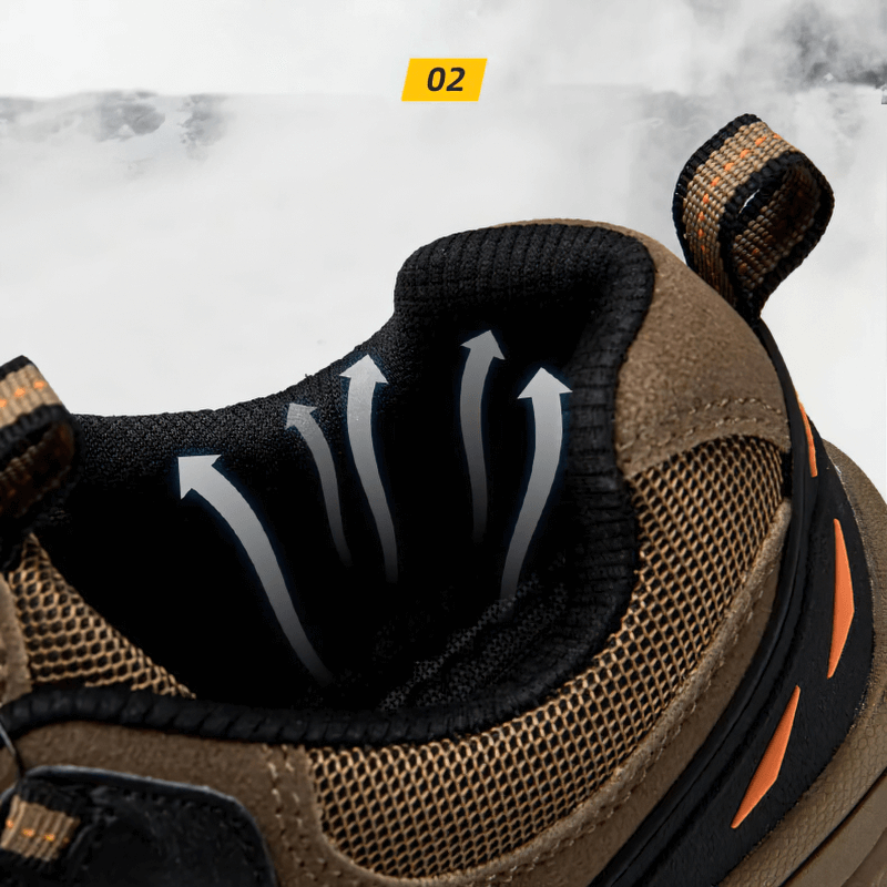 Breathable trekking shoes with mesh lining and arrows indicating ventilation for comfort.