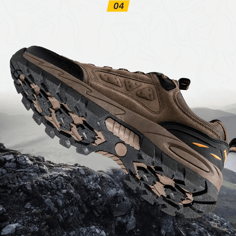 Men's breathable trekking shoes with non-slip sole on rocky terrain, model SF1635, perfect for outdoor adventures.