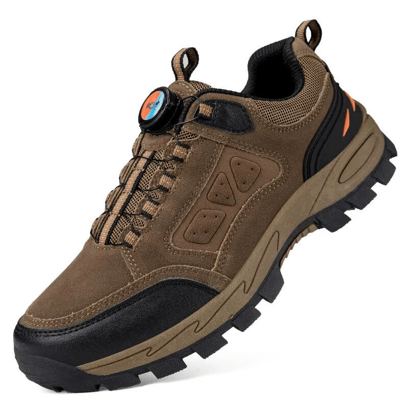 Brown outdoor men's trekking shoe with breathable PU leather, non-slip rubber sole, and black accents for hiking adventures.