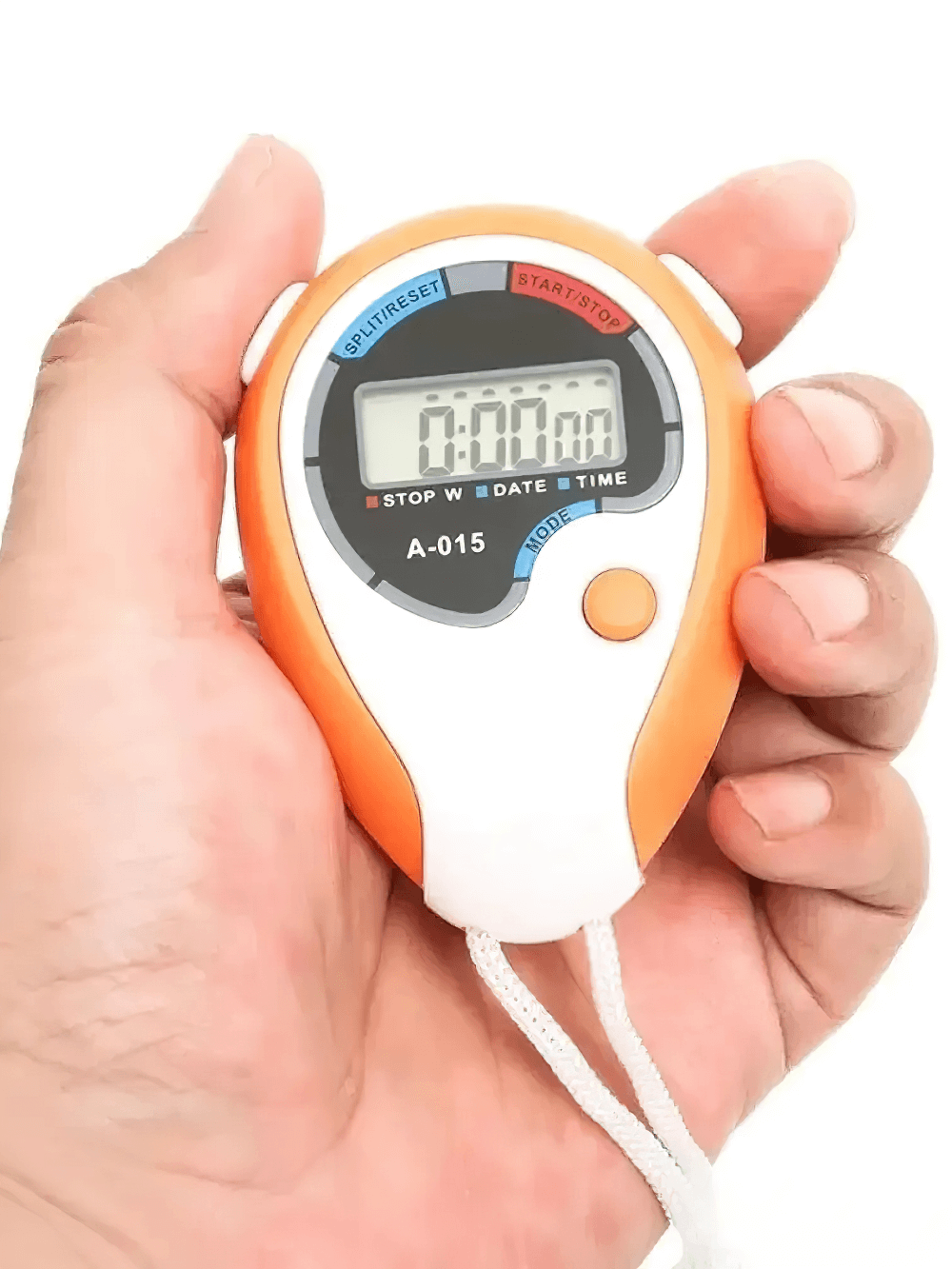 Hand holding Outdoor Digital Stopwatch with Calendar and Alarm - SF3466 for sports timing.