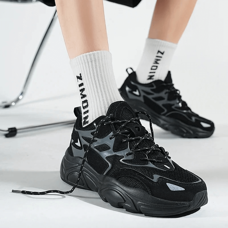 Outdoor Fashion Mesh Lace-Up Black Sneakers for Men and Women - Lightweight and Breathable with Durable Rubber Outsole.