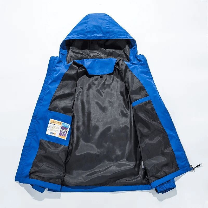 Blue waterproof windbreaker jacket with hood, showcasing inner lining and pocket details. Stylish and functional for outdoor adventures.