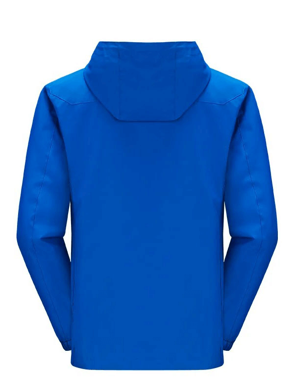 Blue outdoor hooded waterproof windbreaker jacket with zipper closure and regular cuff, designed for men. Model SF1985.