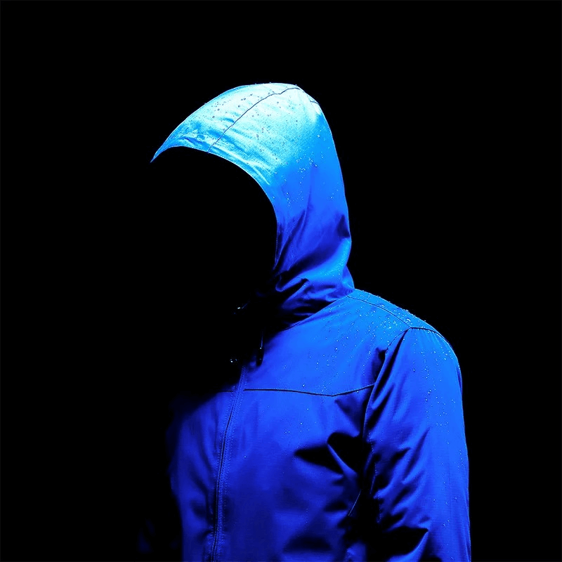 Alt Tag: Blue outdoor hooded waterproof windbreaker jacket SF1985 for men with zipper closure, shown against a black background.