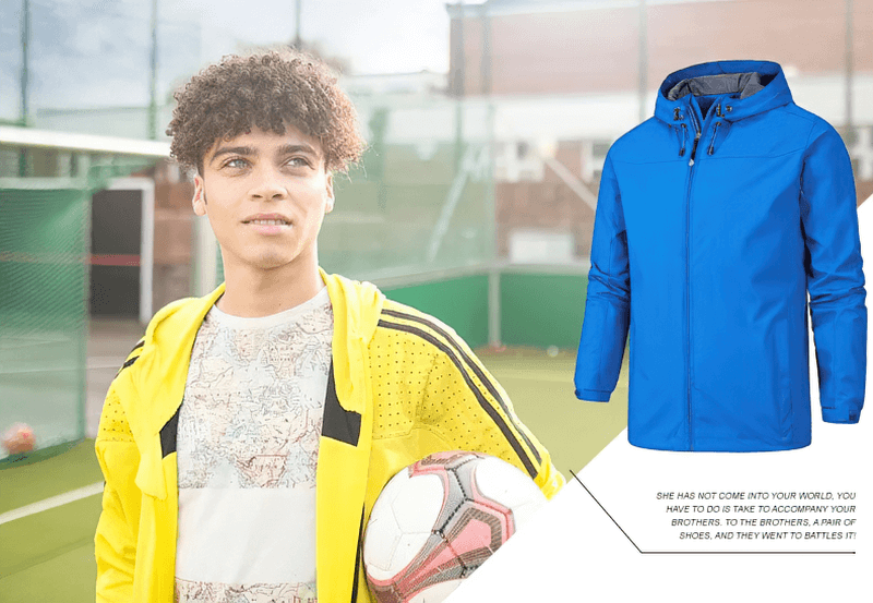 Young man in yellow sportswear holding a soccer ball, with a blue Outdoor Hooded Waterproof Windbreaker Jacket on display.