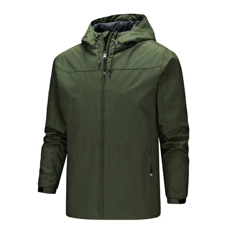 Men's Outdoor Hooded Waterproof Windbreaker Jacket SF1985 in green, featuring zipper closure and wind-resistant design.