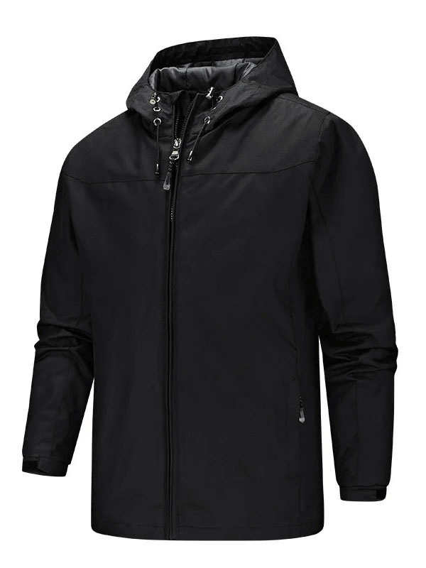 Black hooded waterproof windbreaker jacket for outdoors, nylon-polyester blend, zipper closure, perfect for windy and wet weather.