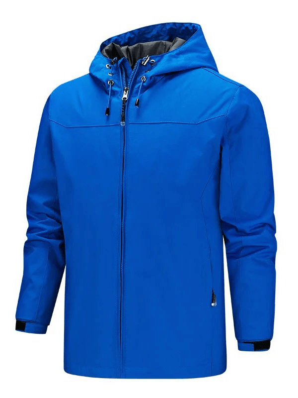 Blue hooded waterproof windbreaker jacket for men, SF1985, designed for outdoor protection against wind and rain with zipper closure.
