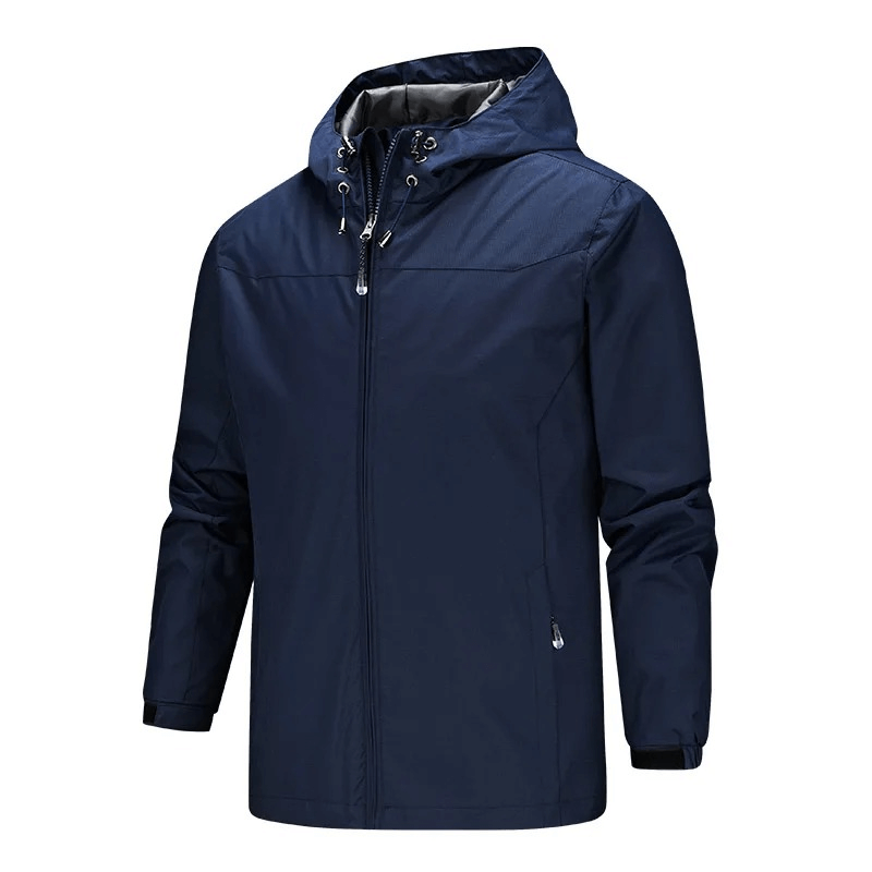 Navy outdoor hooded waterproof windbreaker jacket for men, wind-resistant, nylon-polyester blend with zipper closure, SF1985 model.