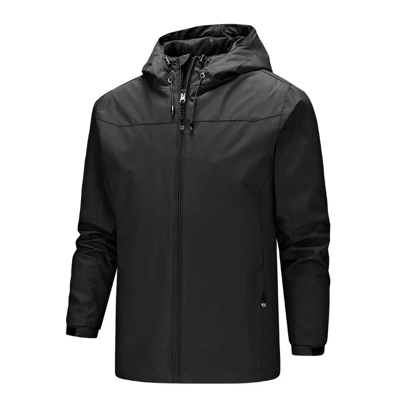 Black outdoor hooded waterproof windbreaker jacket for men, SF1985, with zipper closure and regular cuff. Ideal for all seasons.