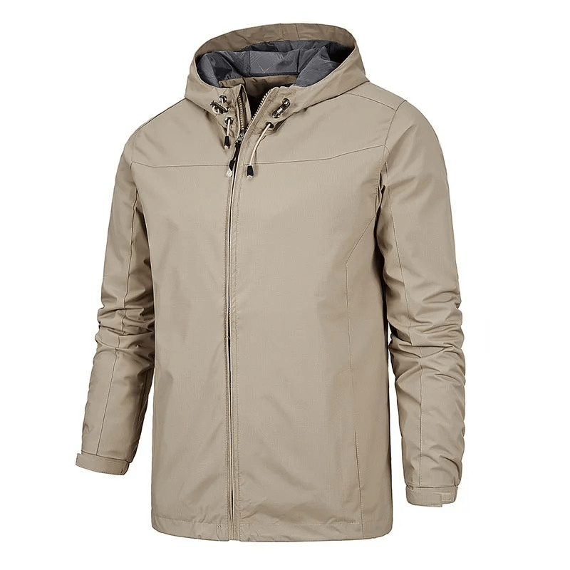 Men's Outdoor Hooded Waterproof Windbreaker Jacket in beige, featuring a secure zipper and noodle collar for all-season weather protection.