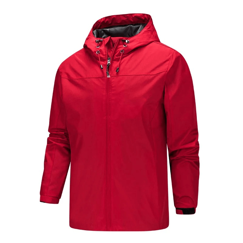 Outdoor red hooded waterproof windbreaker jacket SF1985 for men, nylon-polyester blend, wind and water resistant, zipper closure.