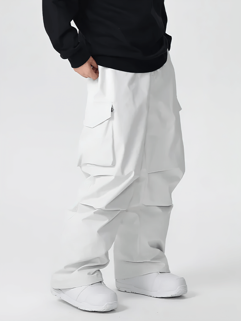 Alt Tag: Outdoor Solid Waterproof Ski Pants with Pockets - SF4282 white windproof snow pants with cargo pockets, adjustable waist