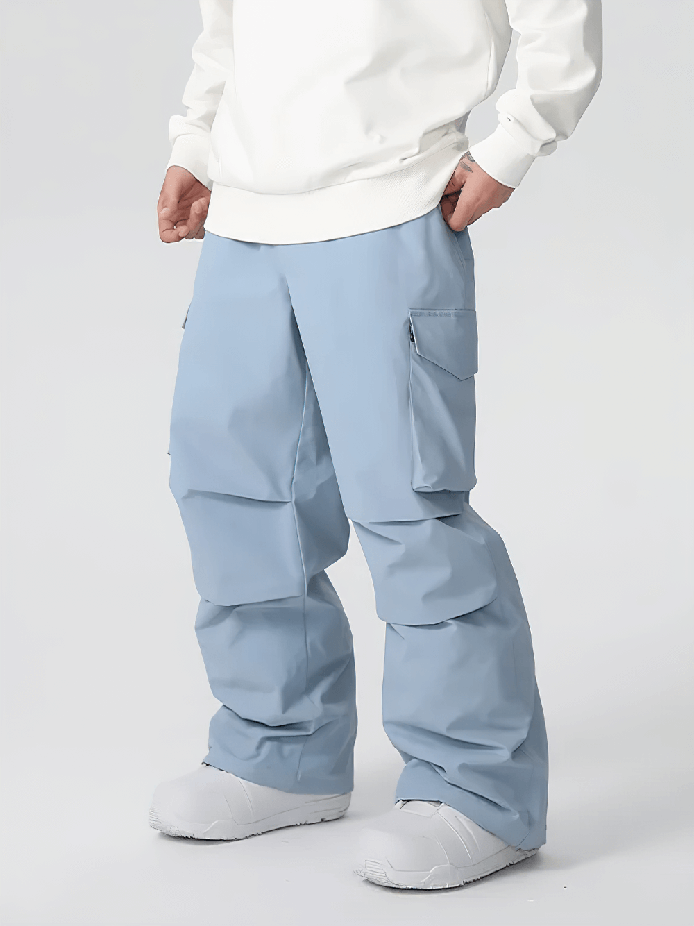 Alt Tag: Outdoor Solid Waterproof Ski Pants with Pockets - SF4282 light blue windproof breathable snow pants with cargo pockets