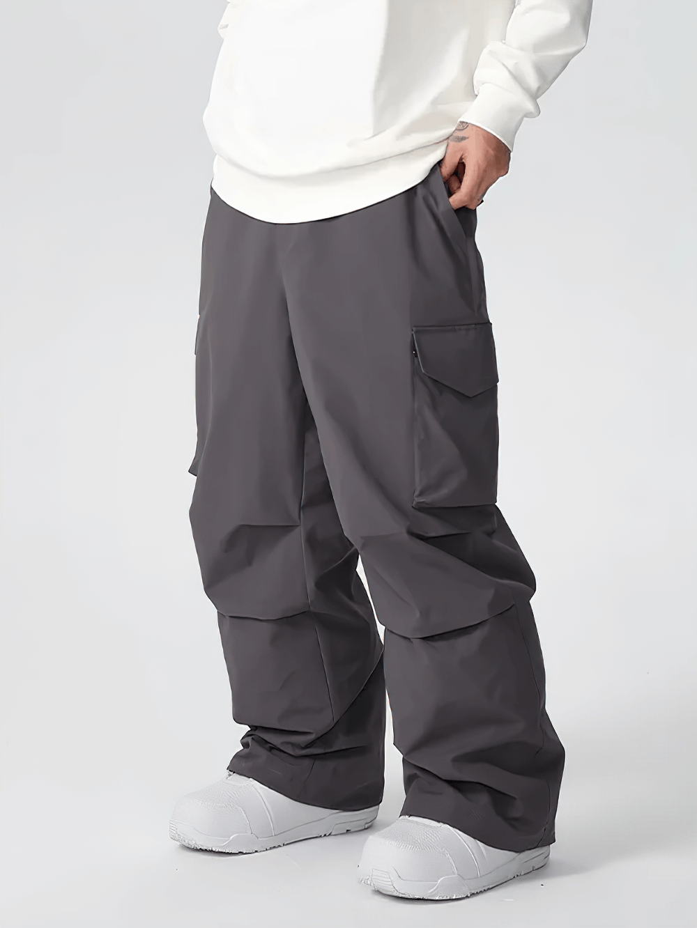 Alt Tag: Outdoor Solid Waterproof Ski Pants with Pockets - SF4282 gray windproof snowboard pants with cargo pockets, adjustable waist