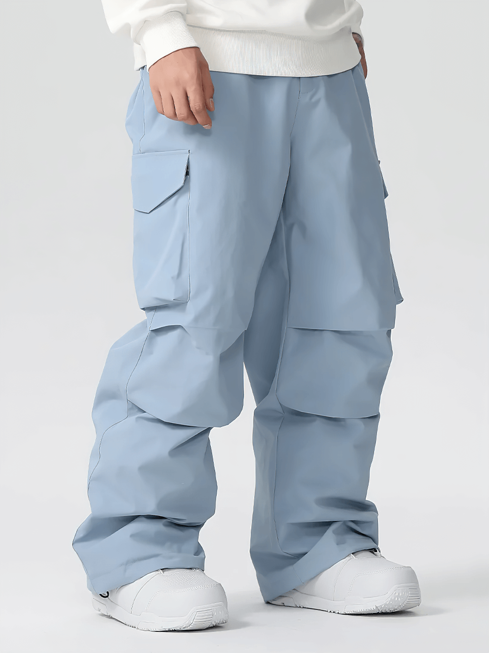 Alt Tag: Outdoor Solid Waterproof Ski Pants with Pockets - SF4282 light blue windproof snow pants with cargo pockets and adjustable waist