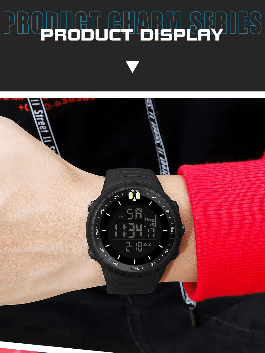 SF1313 outdoor sports digital watch with large screen on wrist, featuring a black rubber band and sleek design, perfect for active lifestyles.