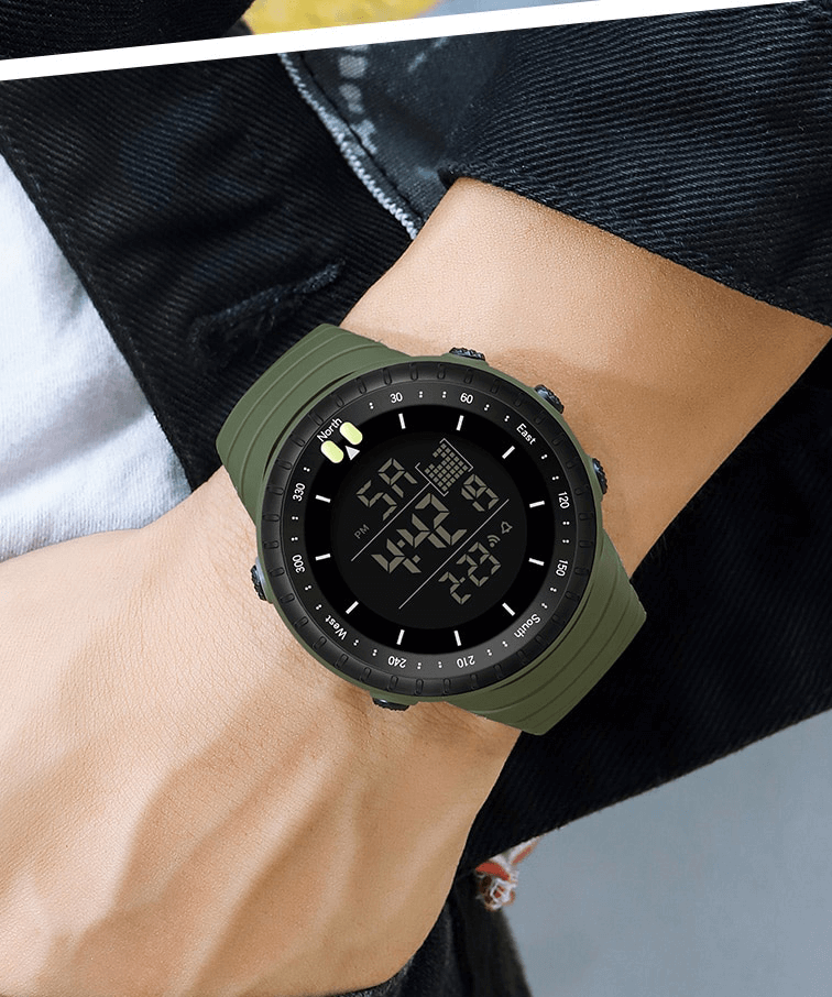 Outdoor sports digital watch with large screen on wrist, featuring durable resin case and rubber band, perfect for active lifestyle.