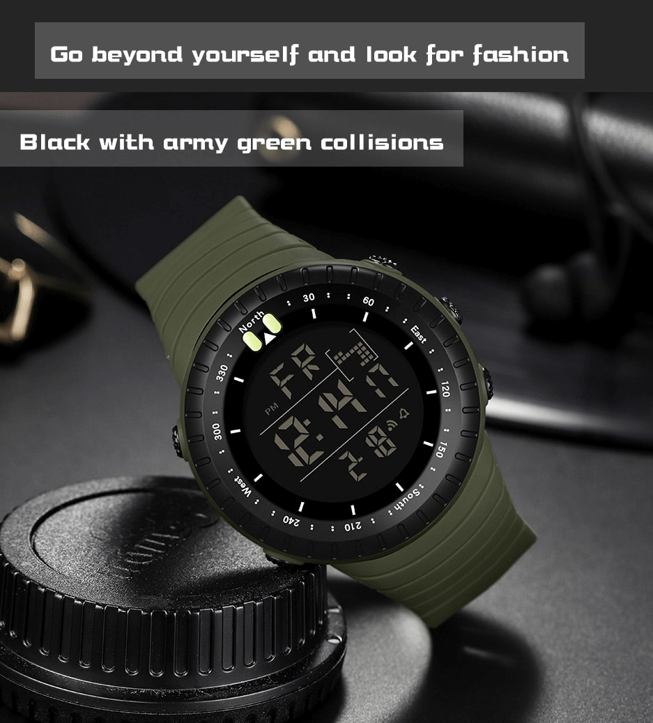 Outdoor Sports Digital Watch SF1313 with large screen, army green collisions, and multiple functions like stopwatch and backlight.
