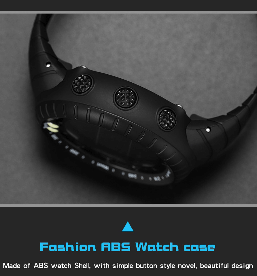 Outdoor sports digital watch with black ABS case and textured buttons, showcasing modern design and durability.