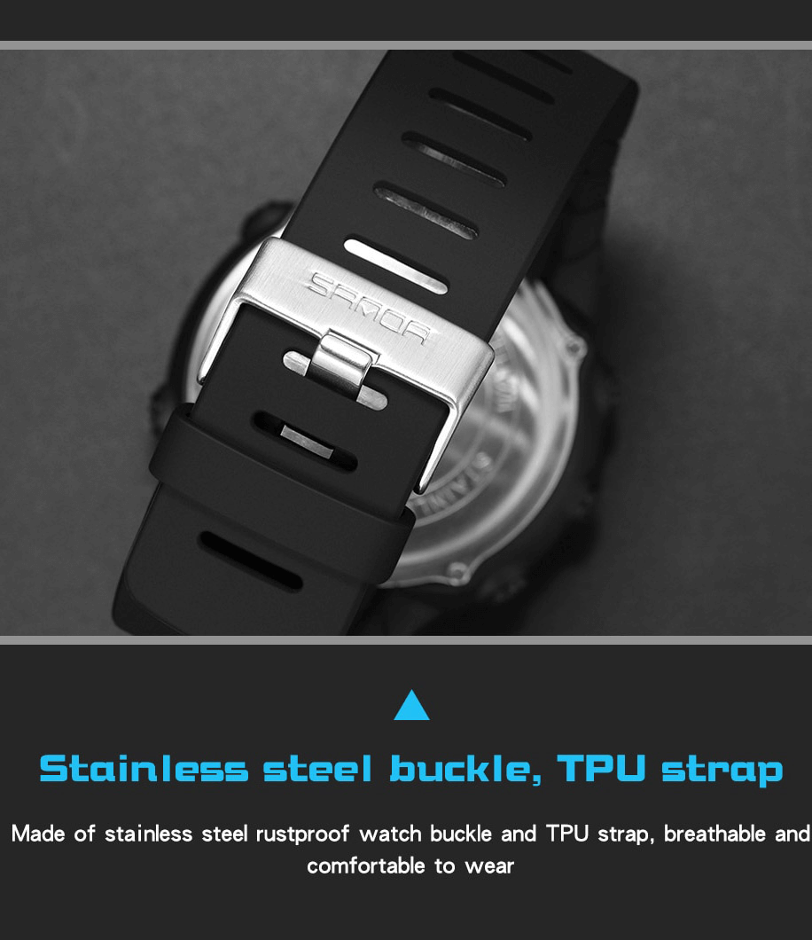 Close-up of a black digital watch with stainless steel buckle and TPU strap, showcasing its durable and stylish design.