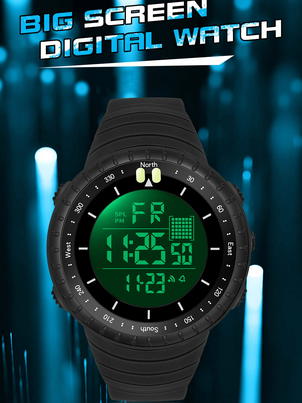 Outdoor sports digital watch with large screen, black rubber band, featuring time, date, and compass display, model SF1313.