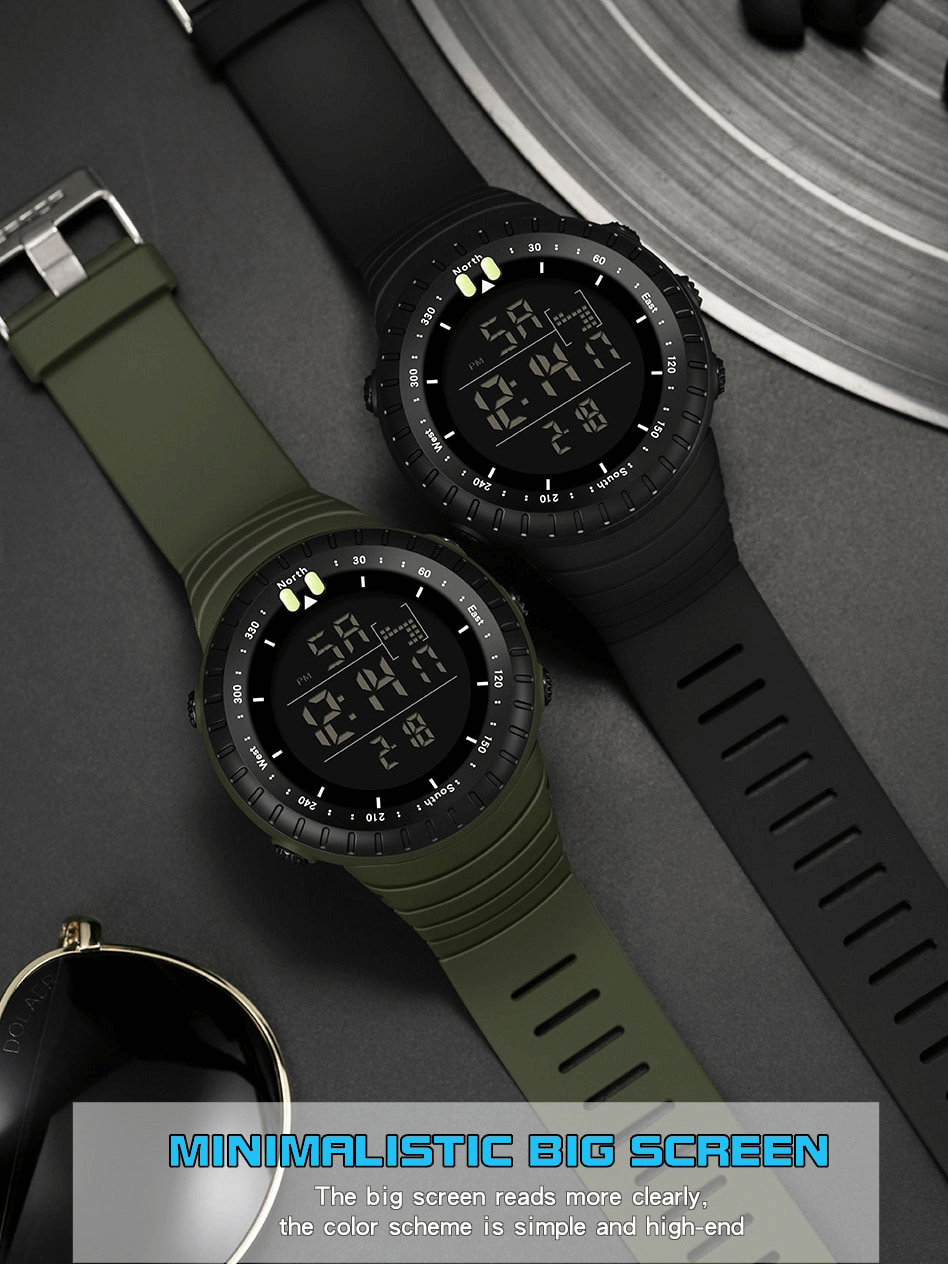 Outdoor sports digital watch with large screen, olive and black options, durable resin case, rubber band, and minimalist design.