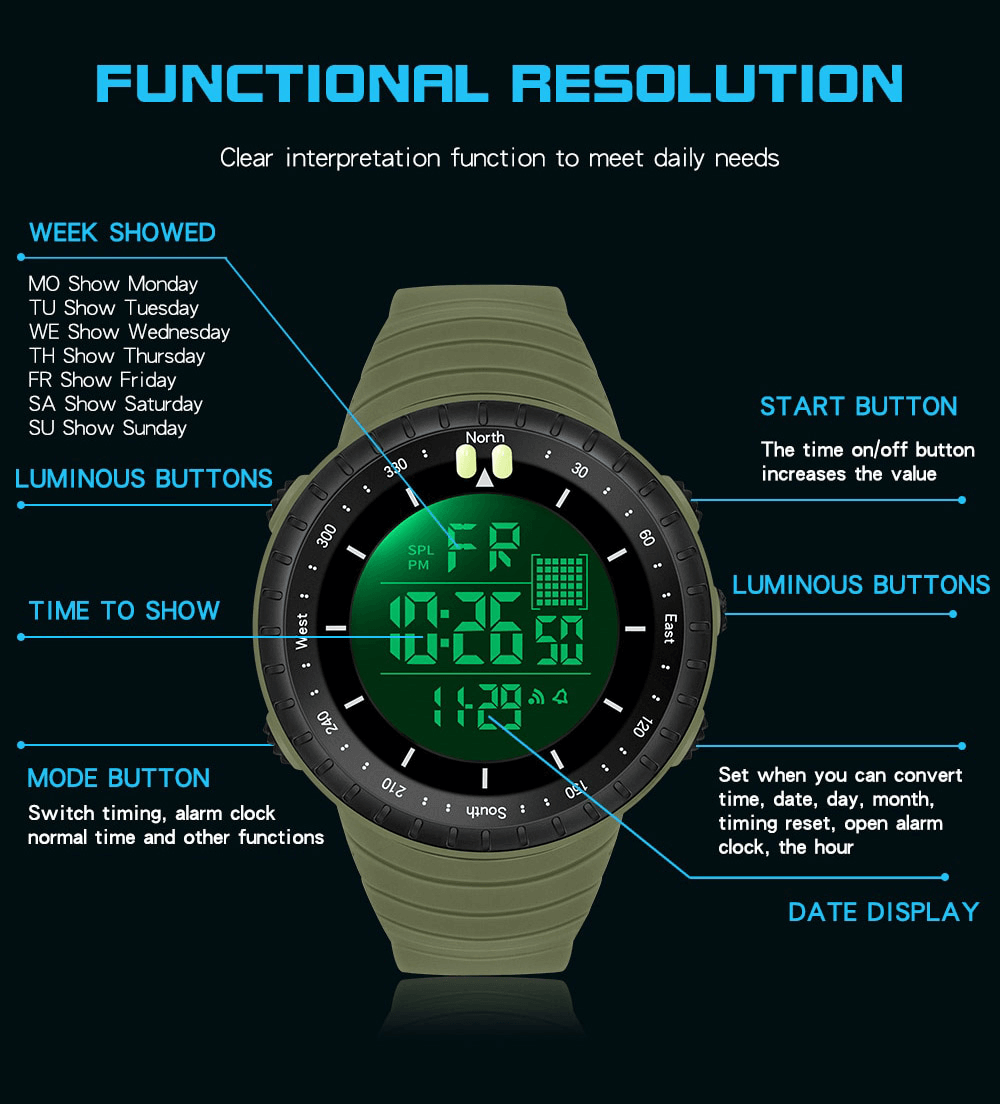 Alt Tag: Outdoor sports digital watch SF1313 with large screen, functional buttons, backlight, stopwatch, and durable design.