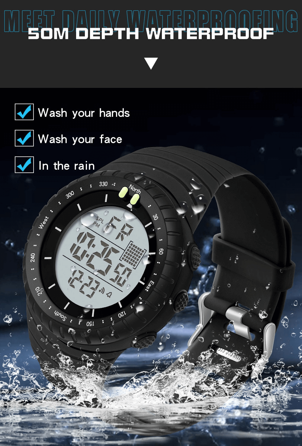 Outdoor sports digital watch with large screen, waterproof up to 50m, featuring stopwatch and backlight for active lifestyles.