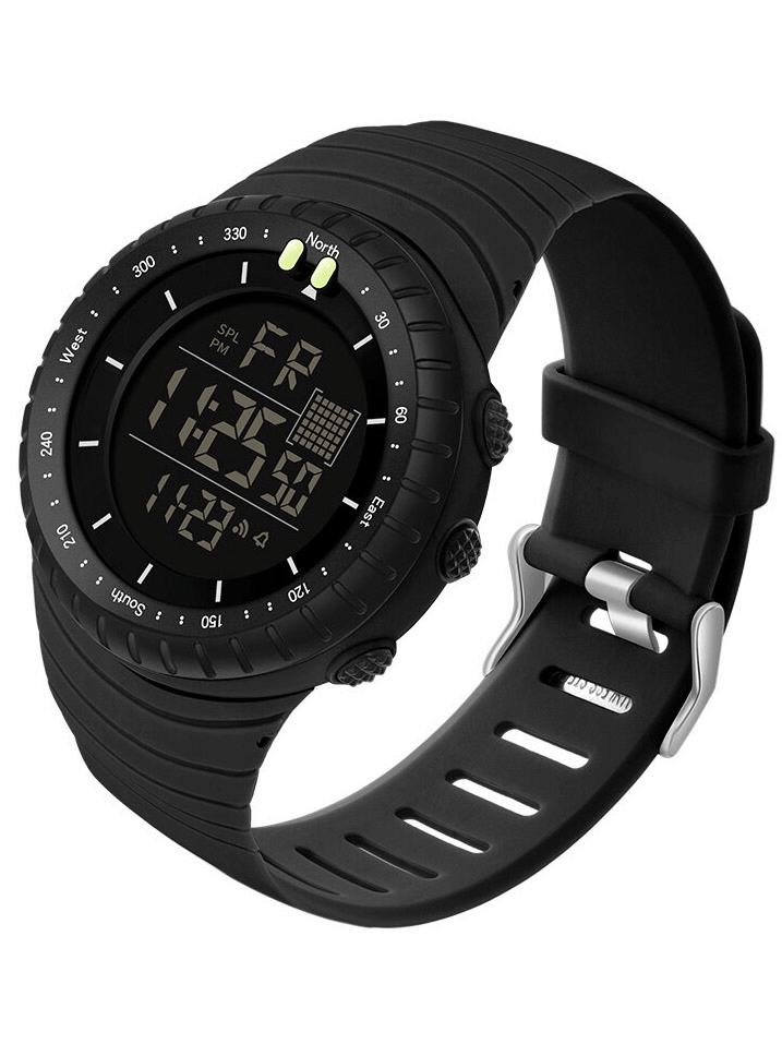 Black outdoor sports digital watch with large screen, stopwatch, and rubber band.